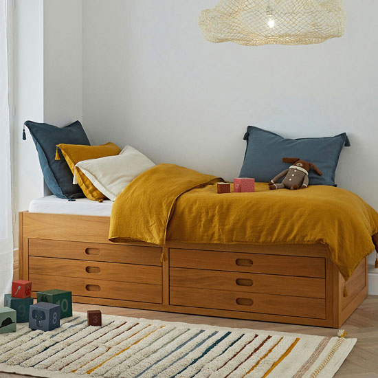 Lit enfant plaqué chêne avec 4 grands tiroirs