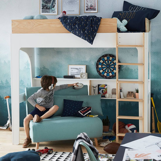 Lit mezzanine enfant avec étagères de rangement